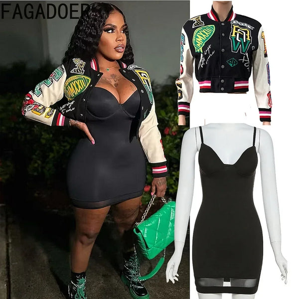 FAGADOER Autumn New Streetwear Women Long Sleeve Baseball Jackets Coat And Mini Dress 2 Piece Sets Outfit Fashion Clothing 2024