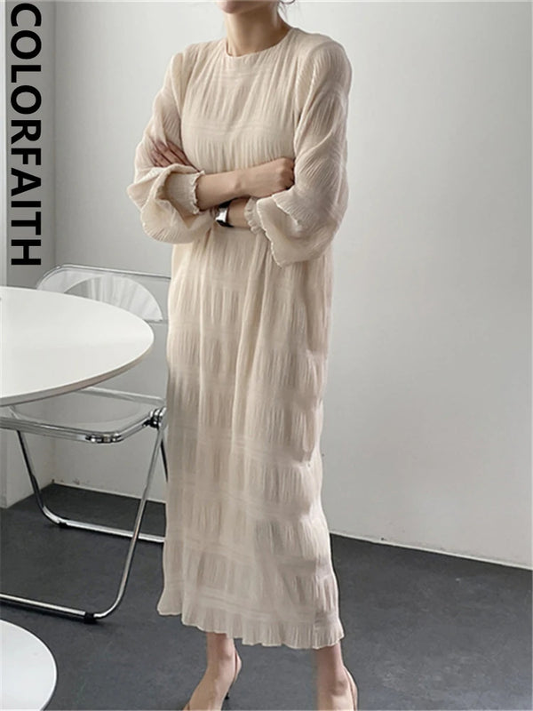 Colorfaith DR3520 New 2024 Chiffon Fold Chic Wild Oversized High Waist Elegant Lady Women's Autumn Winter Holiday Long Dresses