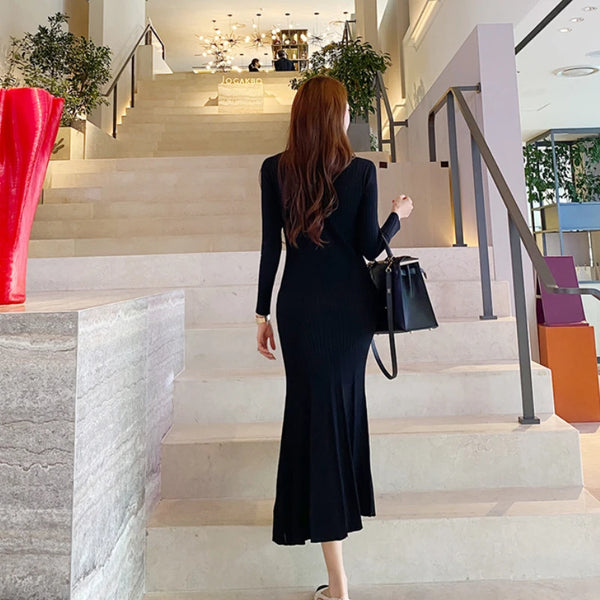 Vintage Korean Maxi Dresses for Women Party Long Sleeve V-neck Mermaid Dress Elegant Fashion Ladies Vestidos Femme Autumn 2023