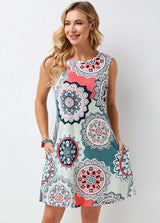 Sleeveless Tribal Print Round Neck Dress