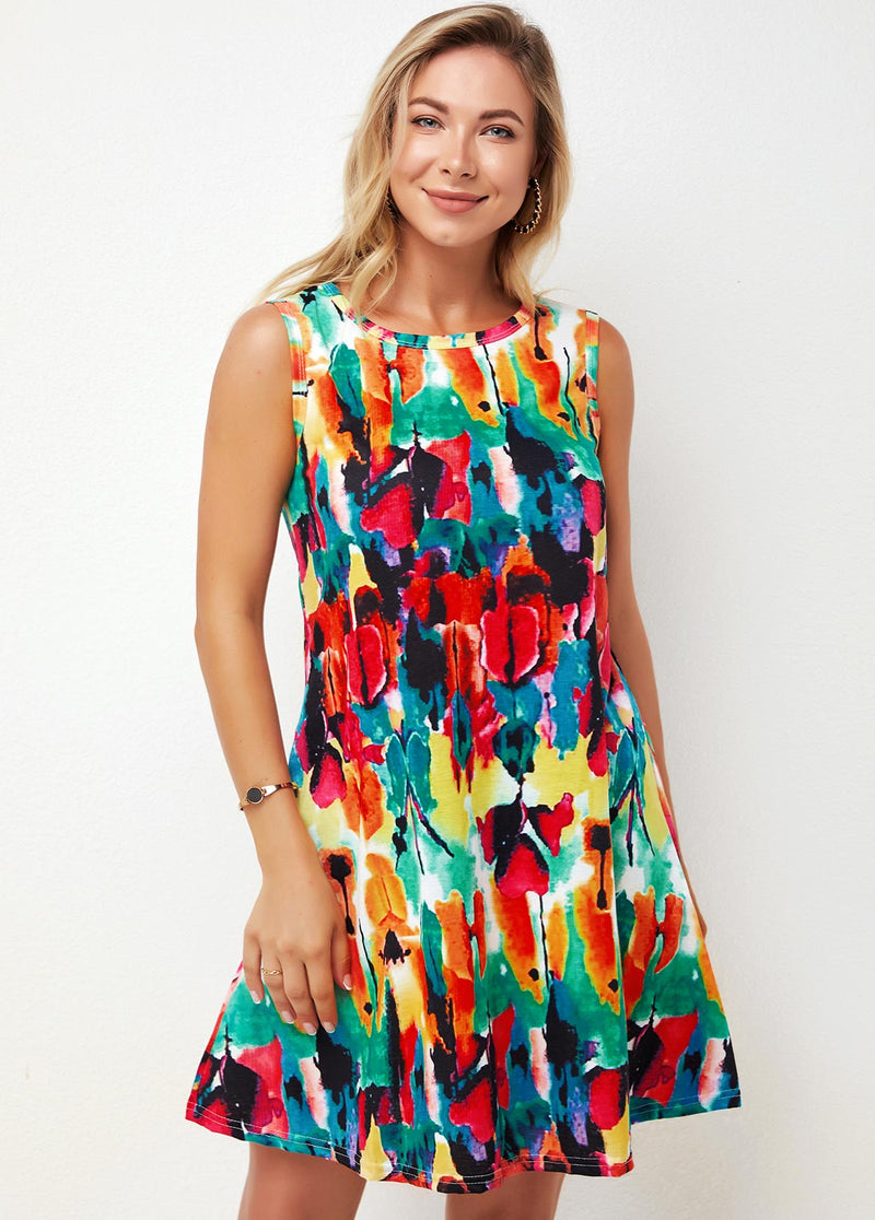 Sleeveless Tribal Print Round Neck Dress