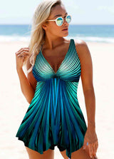 Radial Print Asymmetric Hem Cyan Swimdress and Shorts