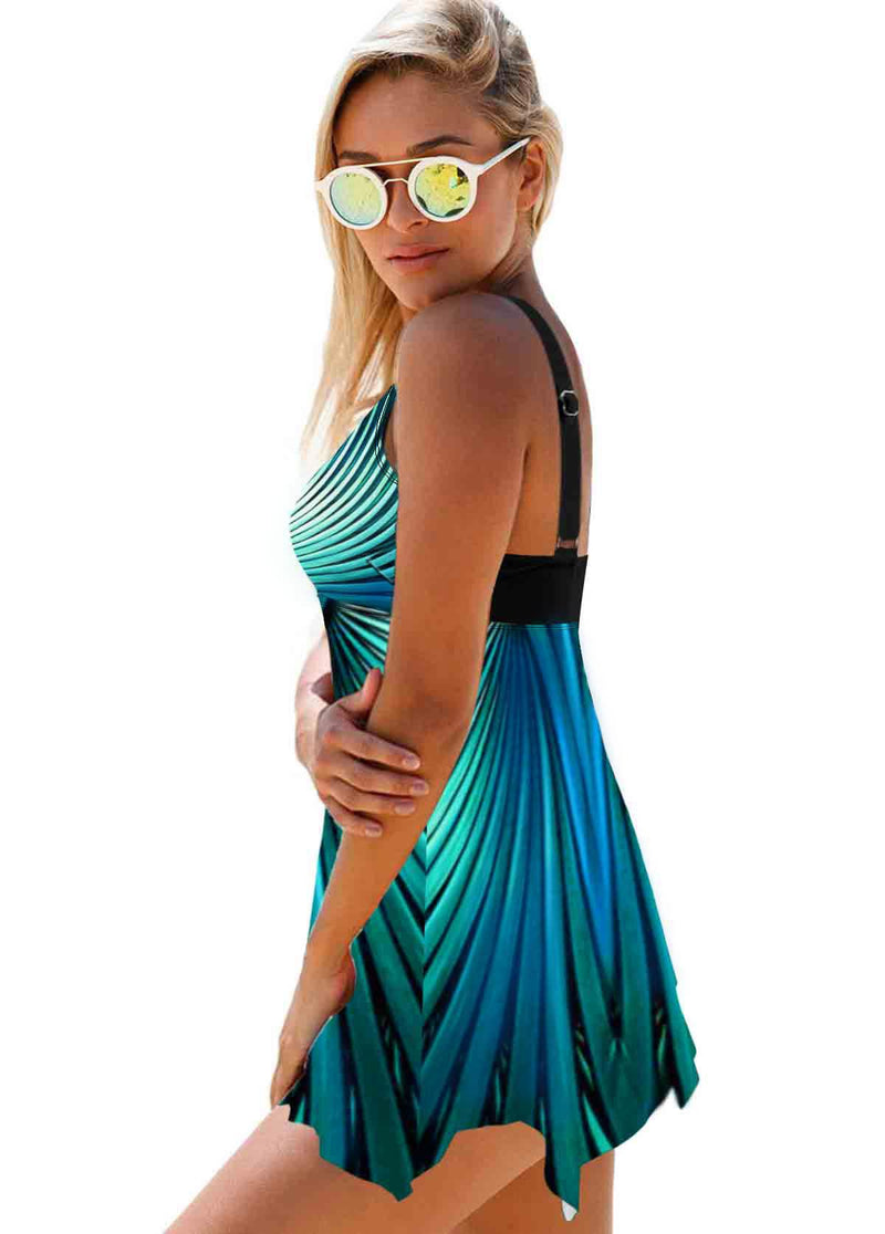 Radial Print Asymmetric Hem Cyan Swimdress and Shorts