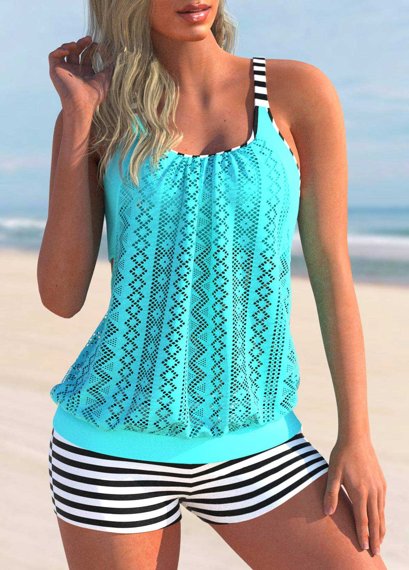 Striped Lace Stitching Cyan Tankini Set