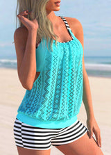 Striped Lace Stitching Cyan Tankini Set