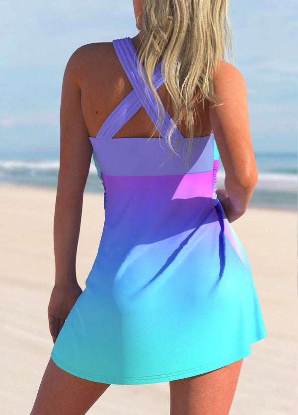 Criss Cross Back Ombre Light Purple Swimdress and Shorts