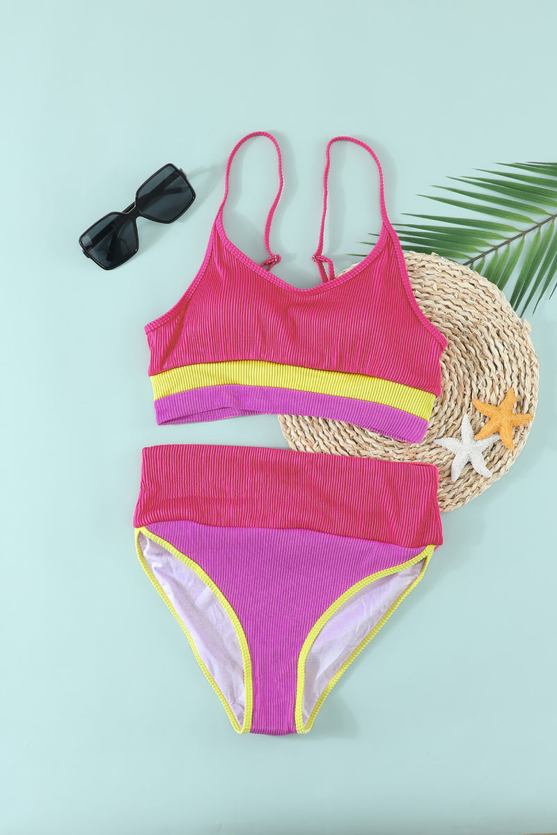 Rose Spaghetti Straps Colorblock Ribbed High Waisted Swimsuit