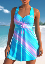 Cross Strap Striped Cyan Swimdress Set