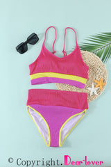 Rose Spaghetti Straps Colorblock Ribbed High Waisted Swimsuit