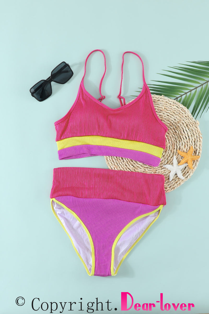 Rose Spaghetti Straps Colorblock Ribbed High Waisted Swimsuit