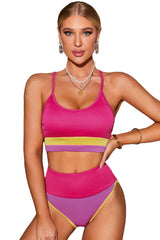 Rose Spaghetti Straps Colorblock Ribbed High Waisted Swimsuit