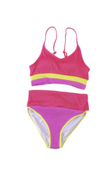 Rose Spaghetti Straps Colorblock Ribbed High Waisted Swimsuit