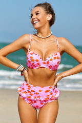 Pink Fruit Print Ruffled Detail High Waist Bikini