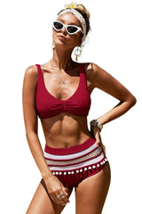 Red Pom Pom Décor High Waist Bikini