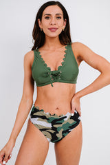 Army Green Camouflage Scalloped Lace Up V Neck Bikini Swimsuit