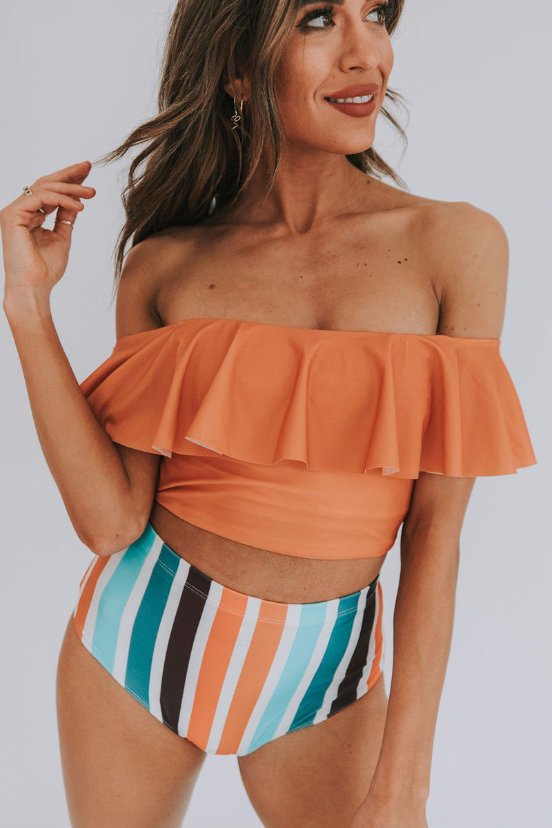 Orange Ruffled Top and Striped High waisted swimsuit