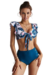 Green Palm Leaf Print Front Tie High Waist Bikini Swimsuit with Ruffles