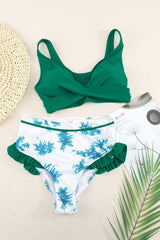 Green Sexy Solid Crisscross Top and Ruffled Tie Dye High Waisted Swimsuit