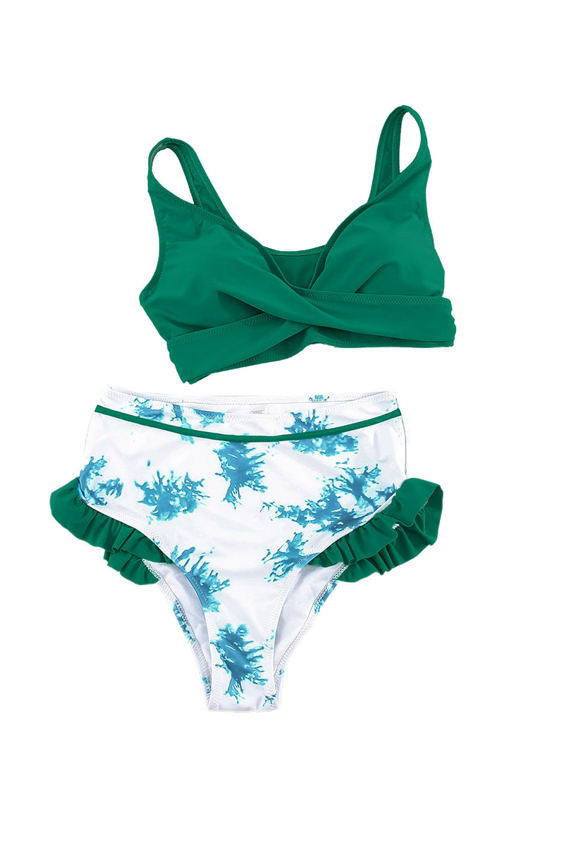 Green Sexy Solid Crisscross Top and Ruffled Tie Dye High Waisted Swimsuit