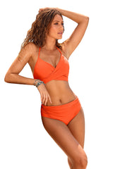 Orange Crisscross Ruched High Waisted Swimsuit