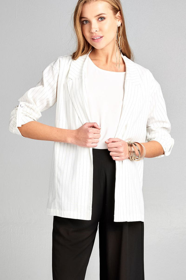 Ladies fashion 3/4 roll up sleeve w/snap button open front w/collar print stripe blazer