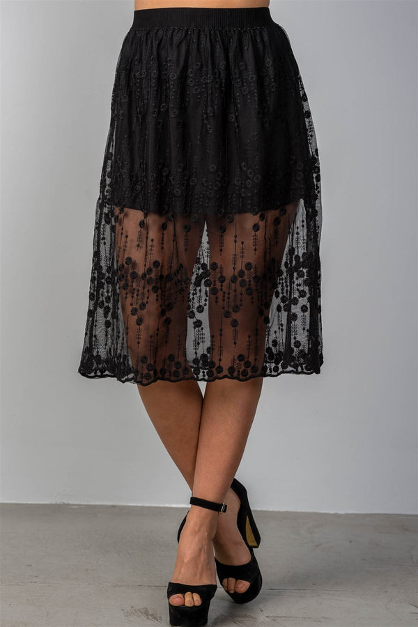 Ladies fashion boho elastic waist lined lace midi skirt