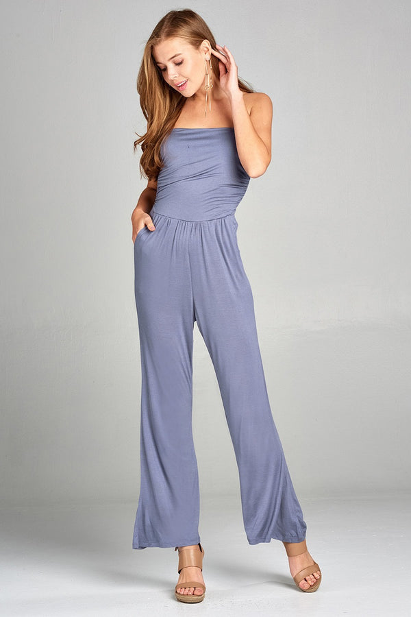 Ladies fashion tube top long wide leg rayon spandex jumpsuit