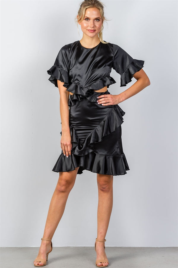 Ladies fashion bow tie back cut-out ruffle midi dress