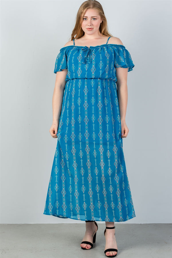 Ladies fashion plus size blue cold shoulder maxi dress