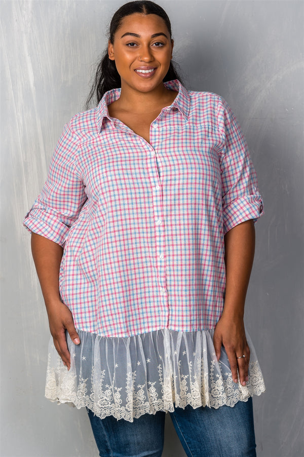 Ladies fashion plus size gingham lace-hem plus size top