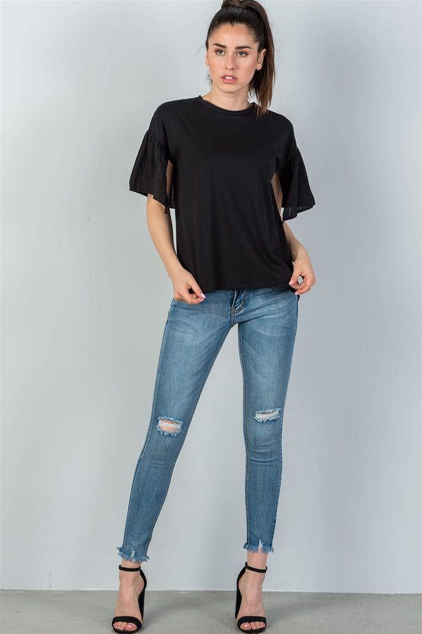 Ladies fashion black split short sleeve top