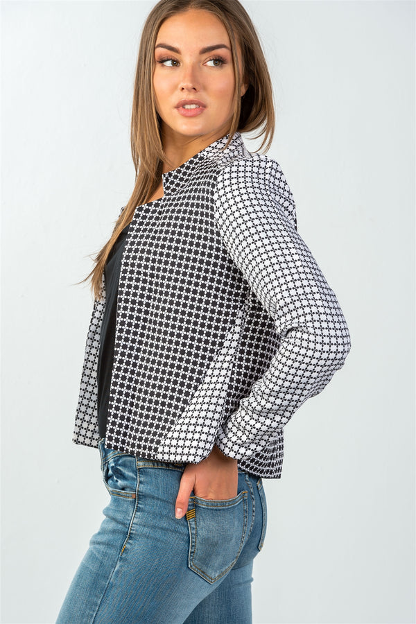 Ladies fashion two pockets  black & cream checkered monochrome blazer