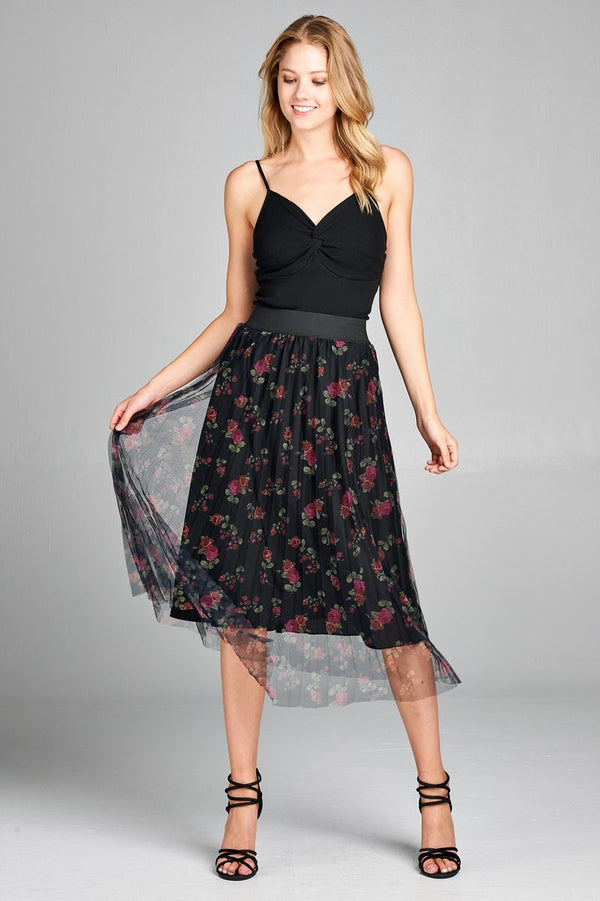 Ladies fashion elastic waist band w/accordian pleated floral print mesh midi skirt