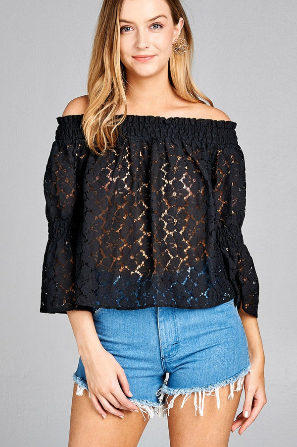 Ladies fashion off the shoulder w/smocked detail floral lace top