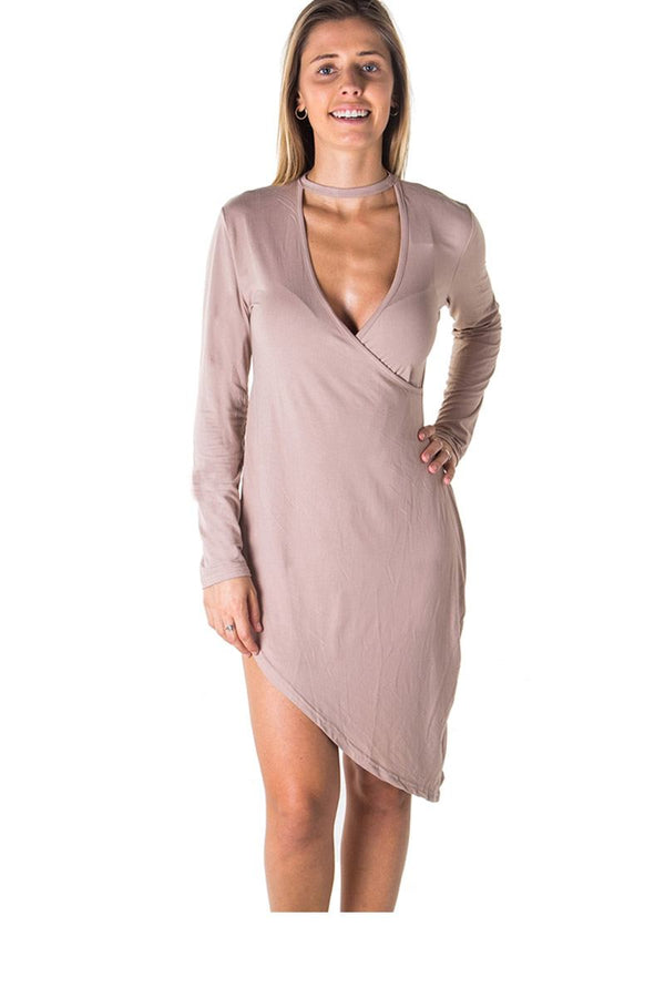 Ladies fashion choker asymmetric long sleeve mini dress