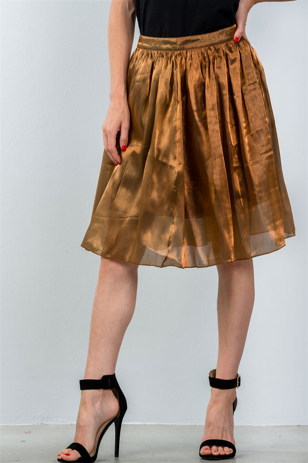 Ladies fashion mid length high waisted bronze pleated midi skirt