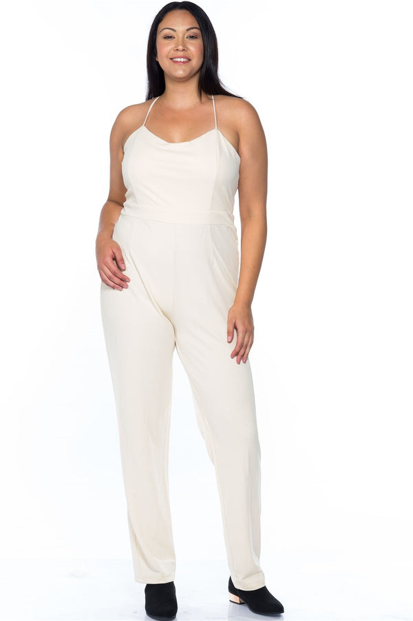 Ladies fashion plus size ivory thin straps v neck x cross back zipper  jumpsuit