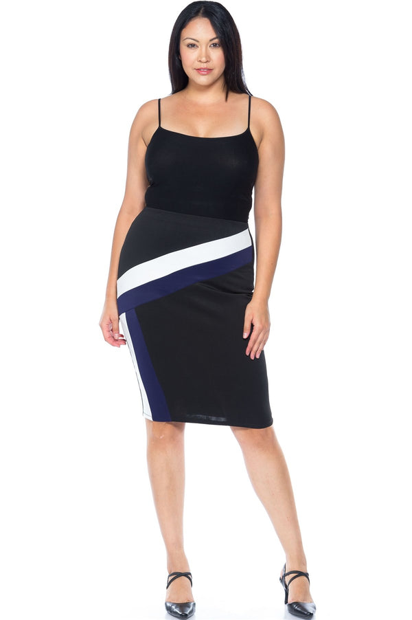 Ladies fashion plus size black blue white color block pencil midi skirt