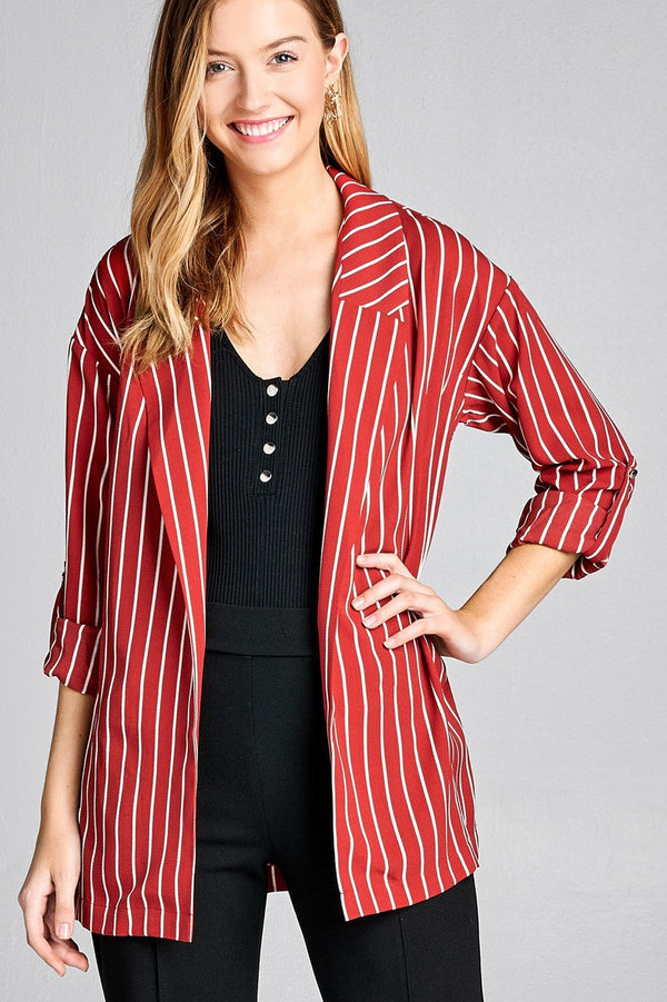 Ladies fashion 3/4 roll up sleeve open front stripe woven jacket