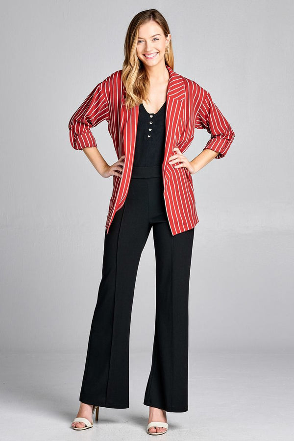 Ladies fashion 3/4 roll up sleeve open front stripe woven jacket