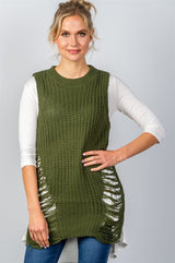 Ladies fashion round neckline sleeveless sweater knit distress sides dress