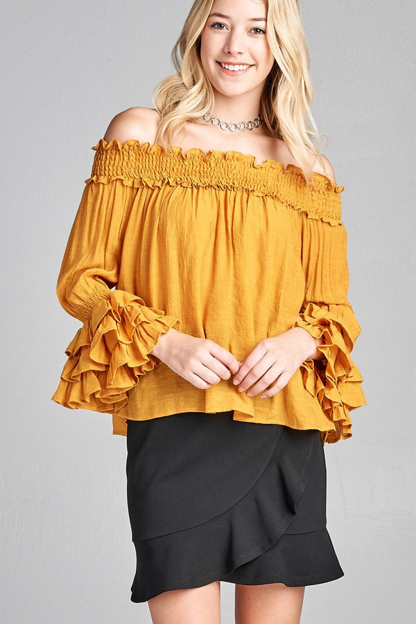 Ladies fashion long sleeve w/ruffle off the shoulder woven top