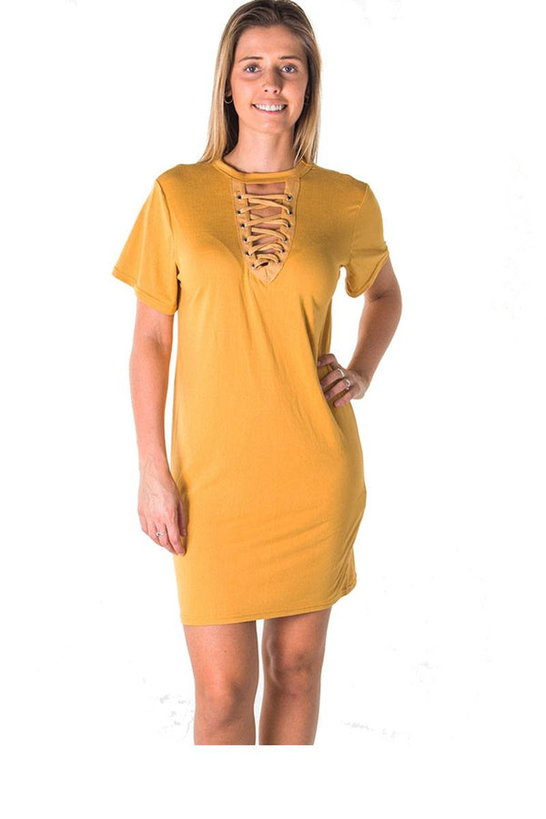 Ladies fashion knit bodycon v neck lace up mini dress