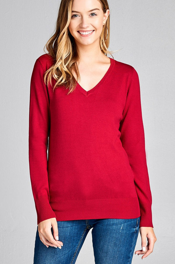 Ladies fashion long sleeve vneck classic sweater