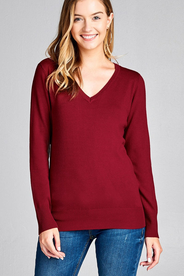 Ladies fashion long sleeve vneck classic sweater