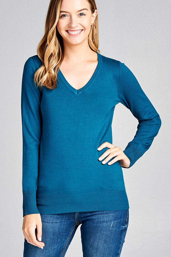 Ladies fashion long sleeve vneck classic sweater