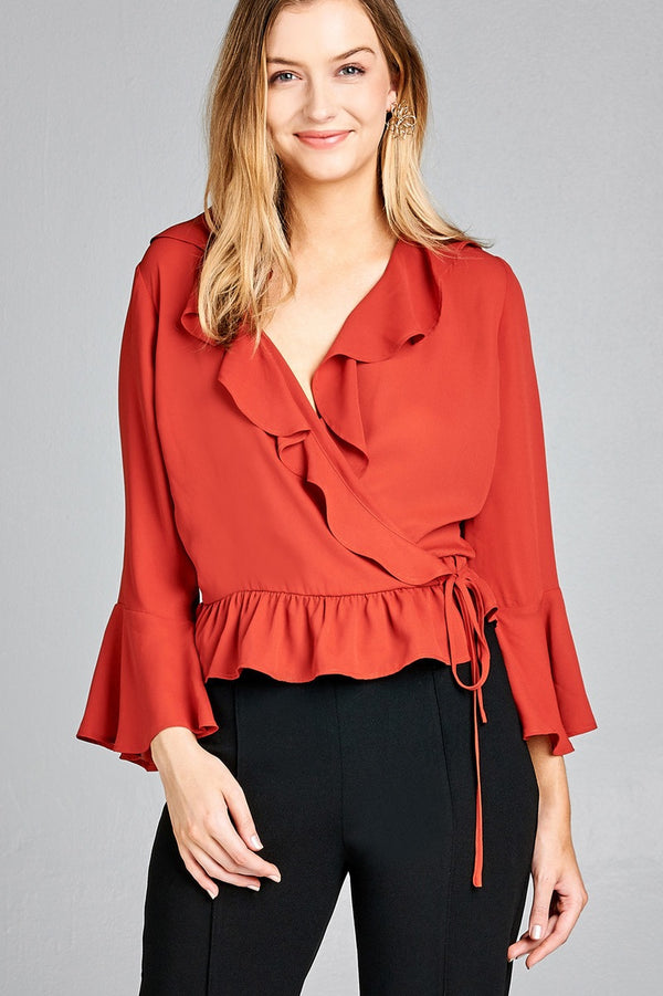 Ladies fashion 3/4 bell sleeve wrap w/ruffle side tie closure flare bottom wool dobby woven top