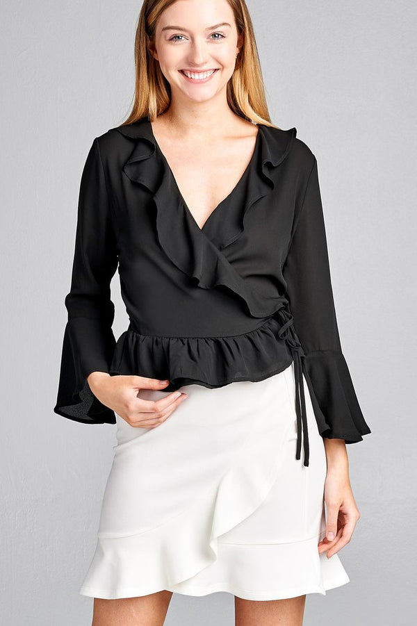 Ladies fashion 3/4 bell sleeve wrap w/ruffle side tie closure flare bottom wool dobby woven top