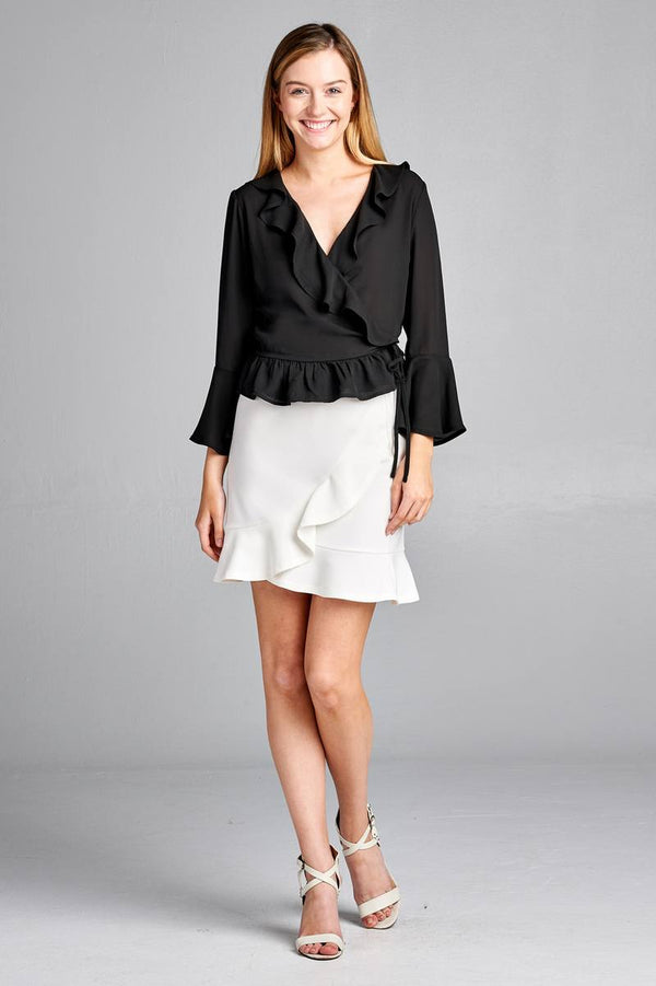 Ladies fashion 3/4 bell sleeve wrap w/ruffle side tie closure flare bottom wool dobby woven top