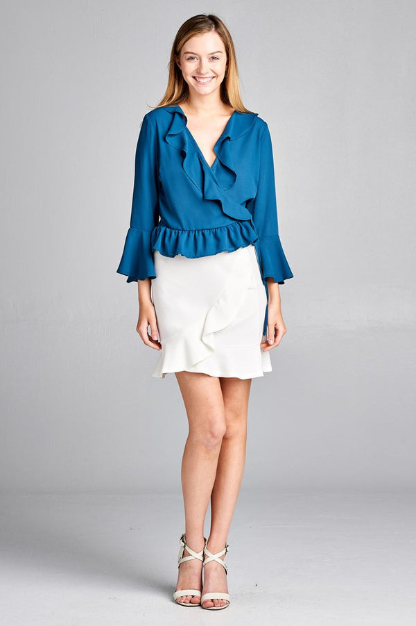 Ladies fashion 3/4 bell sleeve wrap w/ruffle side tie closure flare bottom wool dobby woven top